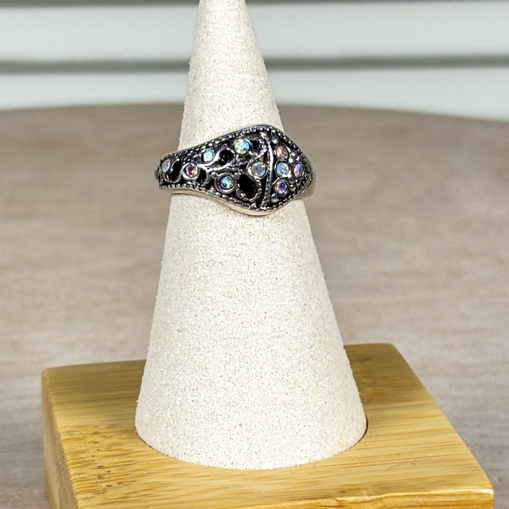 1990s Vintage Statement Silver Filigree Cluster Ring Aurora Borealis Size 6